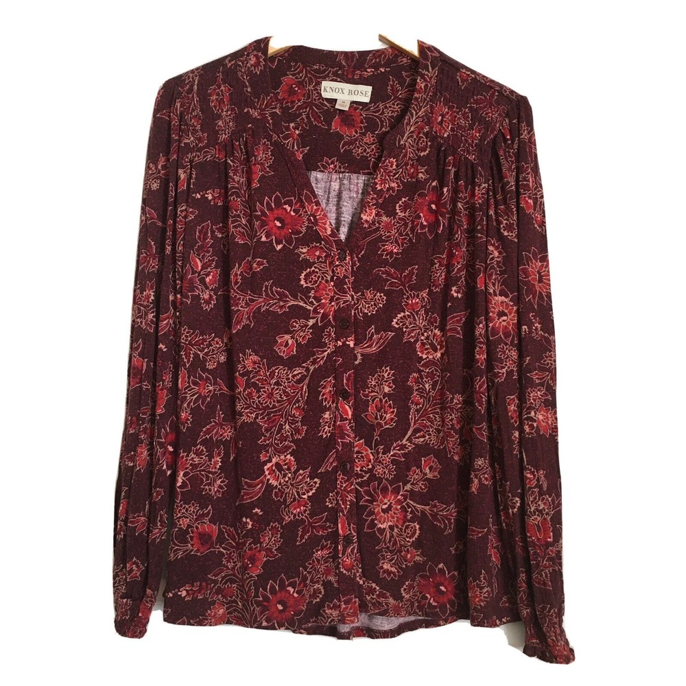 Knox Rose Button Up Top Blouse Womens M Burgundy Floral Long Sleeve Casual